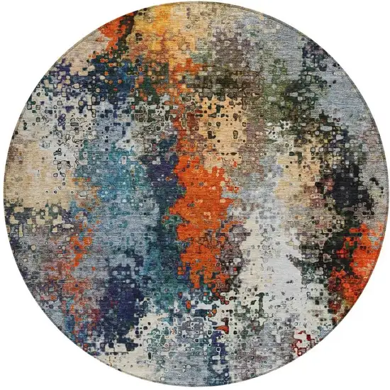 8' Blue Orange And Ivory Round Abstract Washable Indoor Outdoor Area Rug Photo 4