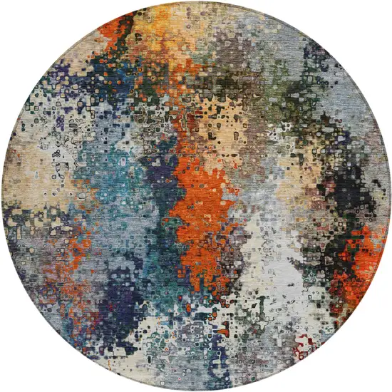 8' Blue Orange And Ivory Round Abstract Washable Indoor Outdoor Area Rug Photo 2