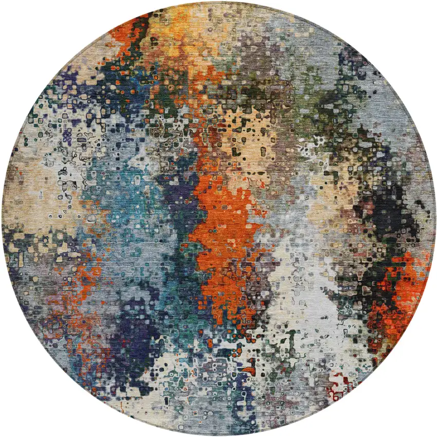 8' Blue Orange And Ivory Round Abstract Washable Indoor Outdoor Area Rug Photo 2