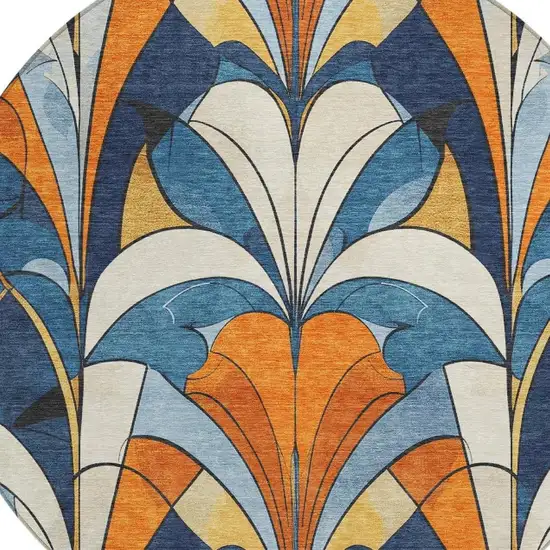8' Blue Orange And Ivory Round Geometric Washable Indoor Outdoor Area Rug Photo 7