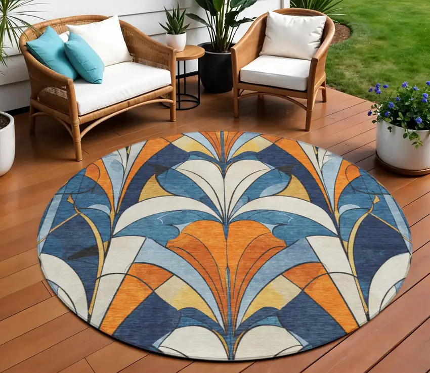8' Blue Orange And Ivory Round Geometric Washable Indoor Outdoor Area Rug Photo 2