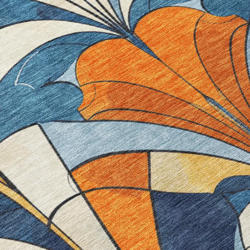 8' Blue Orange And Ivory Round Geometric Washable Indoor Outdoor Area Rug Photo 8