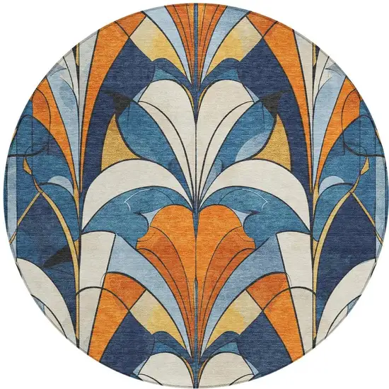 8' Blue Orange And Ivory Round Geometric Washable Indoor Outdoor Area Rug Photo 4