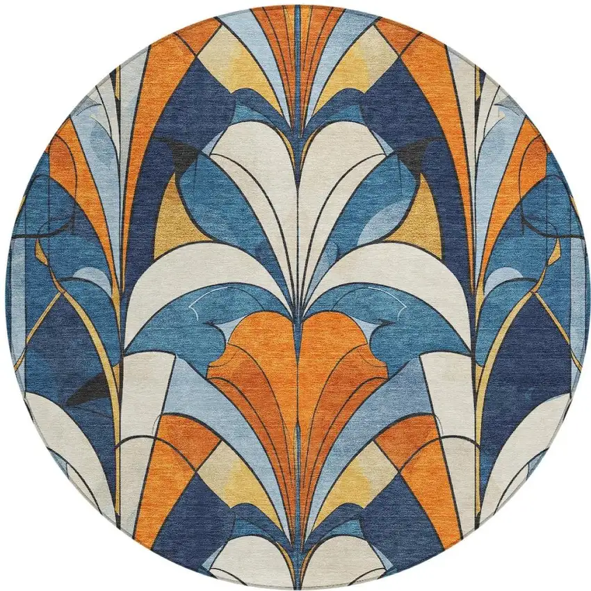 8' Blue Orange And Ivory Round Geometric Washable Indoor Outdoor Area Rug Photo 4