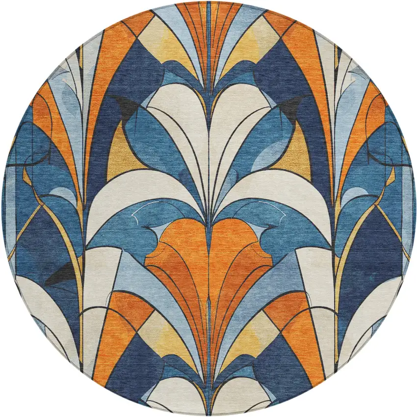 8' Blue Orange And Ivory Round Geometric Washable Indoor Outdoor Area Rug Photo 1