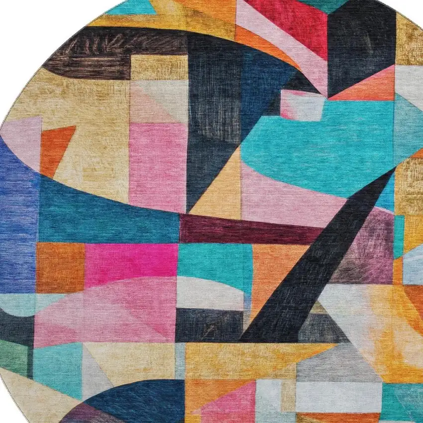 8' Blue Orange And Pink Abstract Washable Round Rug With UV Protection Photo 2