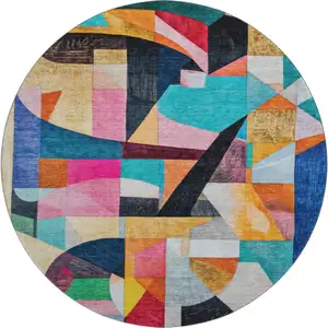 Photo of 8' Blue Orange And Pink Abstract Washable Round Rug With UV Protection