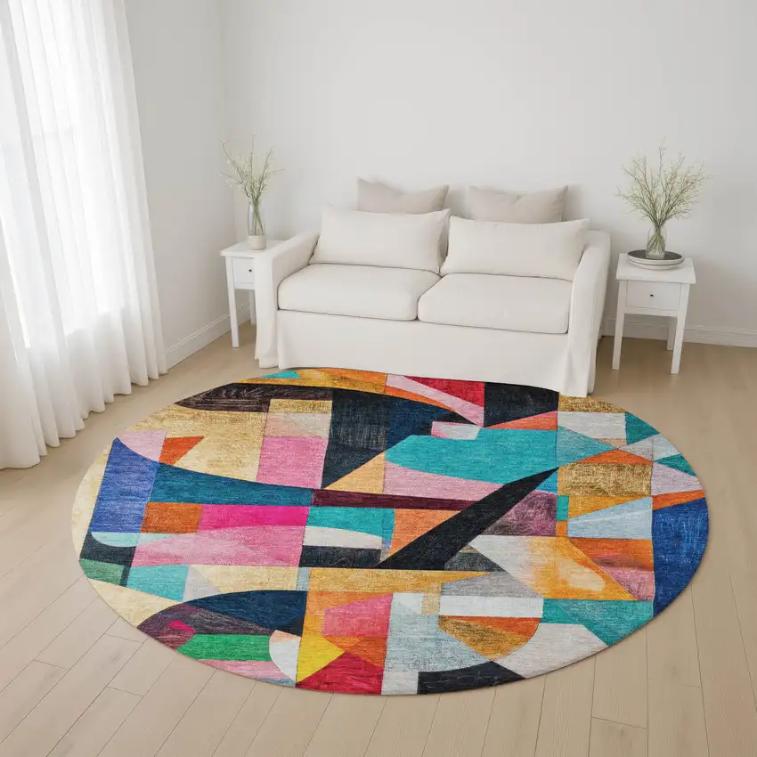 8' Blue Orange And Pink Abstract Washable Round Rug With UV Protection Photo 4