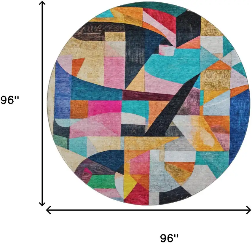 8' Blue Orange And Pink Abstract Washable Round Rug With UV Protection Photo 9