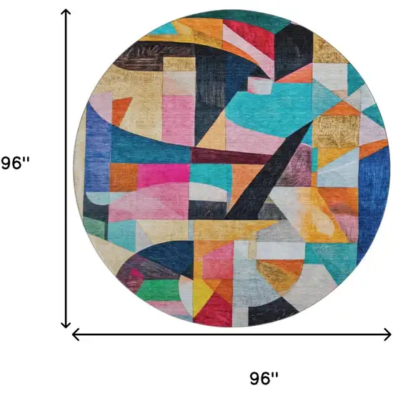 8' Blue Orange And Pink Abstract Washable Round Rug With UV Protection Photo 9