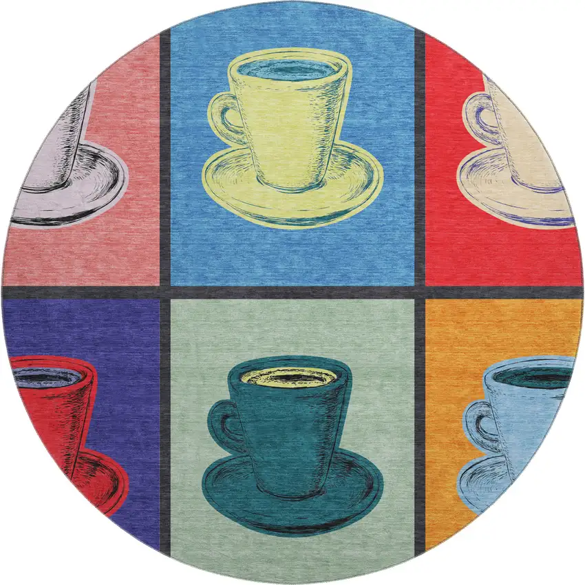 8' Blue Orange And Red Geometric Washable Round Rug With UV Protection Photo 2