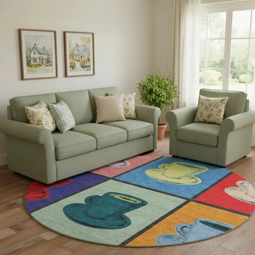 8' Blue Orange And Red Geometric Washable Round Rug With UV Protection Photo 1