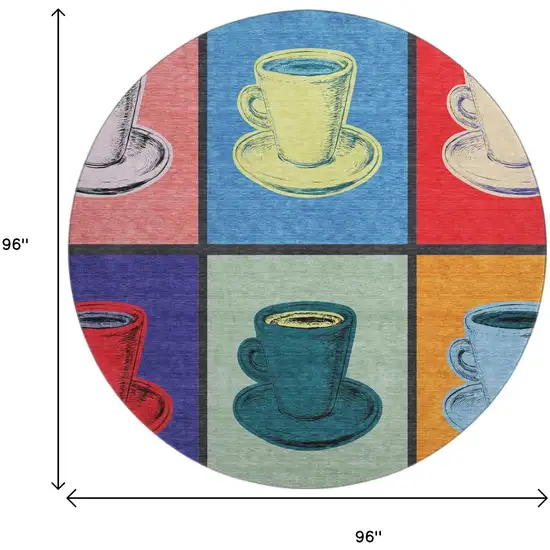 8' Blue Orange And Red Geometric Washable Round Rug With UV Protection Photo 3