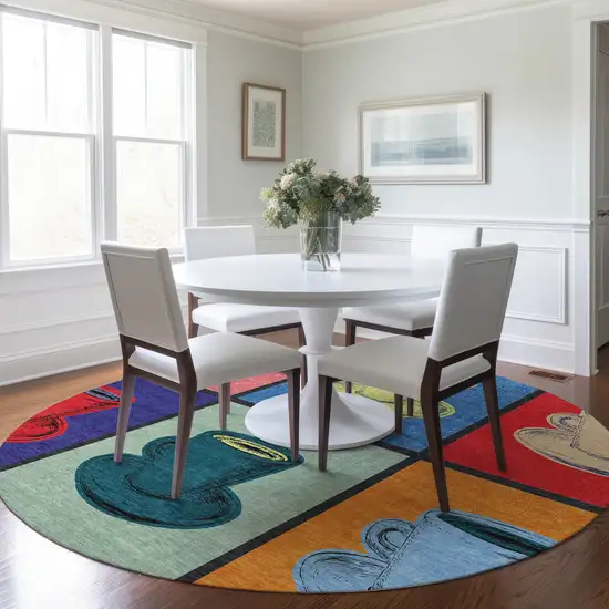 8' Blue Orange And Red Geometric Washable Round Rug With UV Protection Photo 4