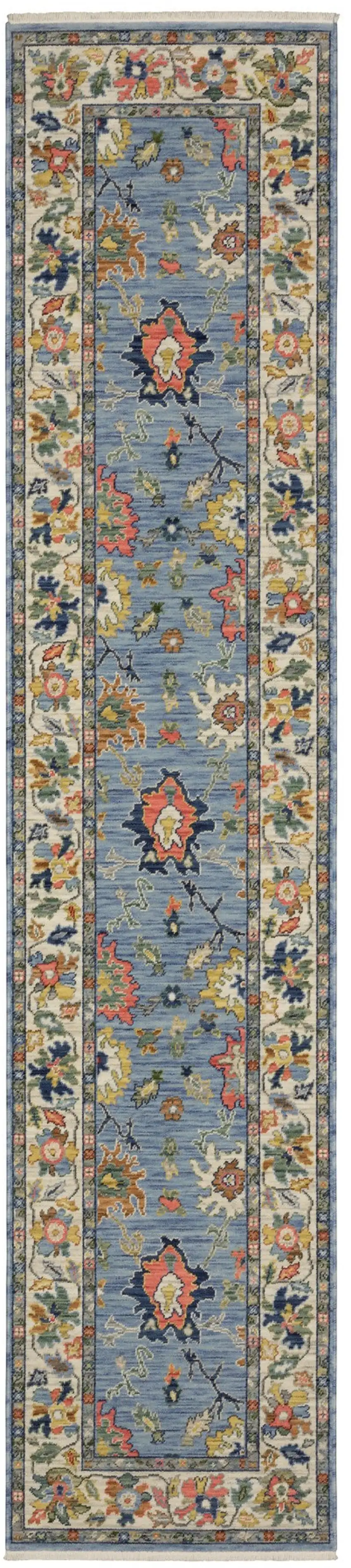 12' Blue Orange And Yellow Oriental Runner Rug With Fringe Photo 2