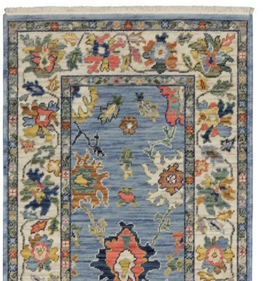 12' Blue Orange And Yellow Oriental Runner Rug With Fringe Photo 5