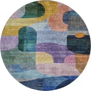 Photo of 8' Blue Orange Pink And Purple Abstract Geometric Washable Round Rug With UV Protection
