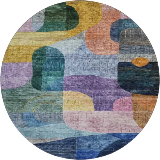 8' Blue Orange Pink And Purple Abstract Geometric Washable Round Rug With UV Protection Photo 1