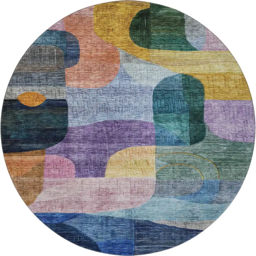 8' Blue Orange Pink And Purple Abstract Geometric Washable Round Rug With UV Protection Photo 3