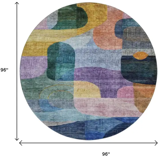 8' Blue Orange Pink And Purple Abstract Geometric Washable Round Rug With UV Protection Photo 9
