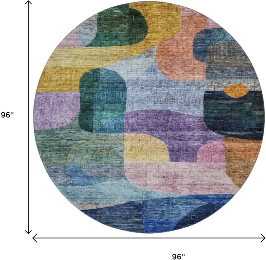 8' Blue Orange Pink And Purple Abstract Geometric Washable Round Rug With UV Protection Photo 9