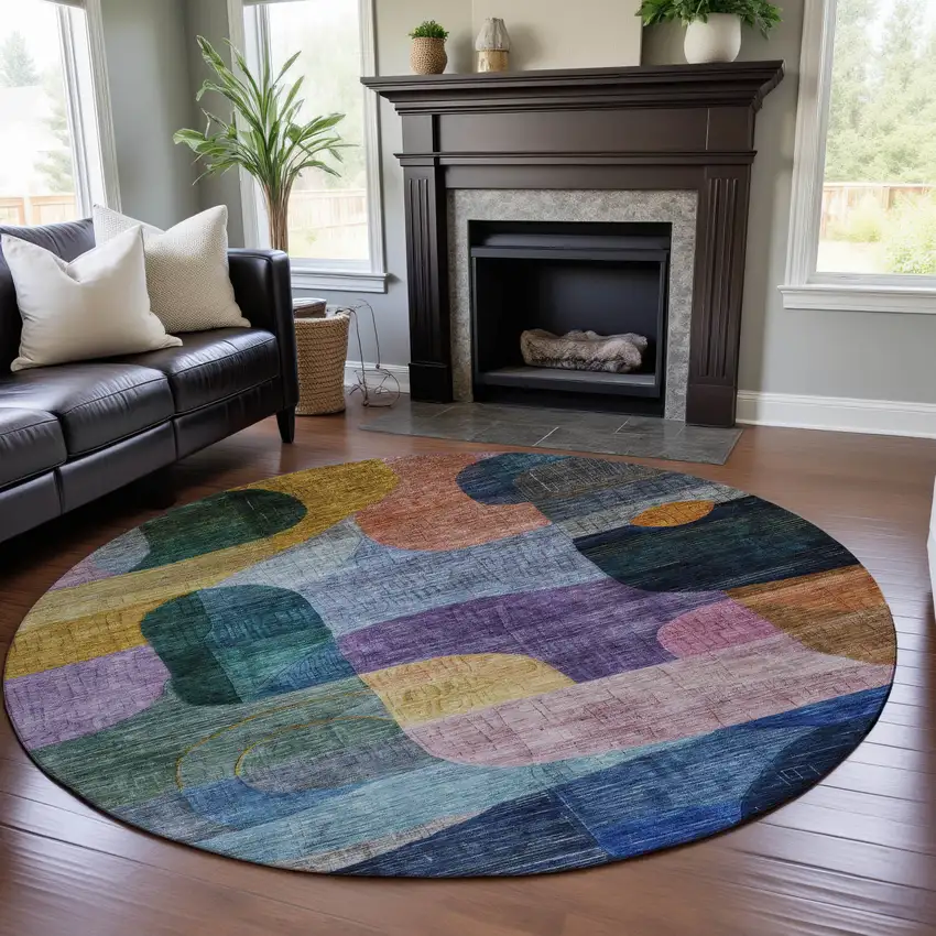 8' Blue Orange Pink And Purple Abstract Geometric Washable Round Rug With UV Protection Photo 4