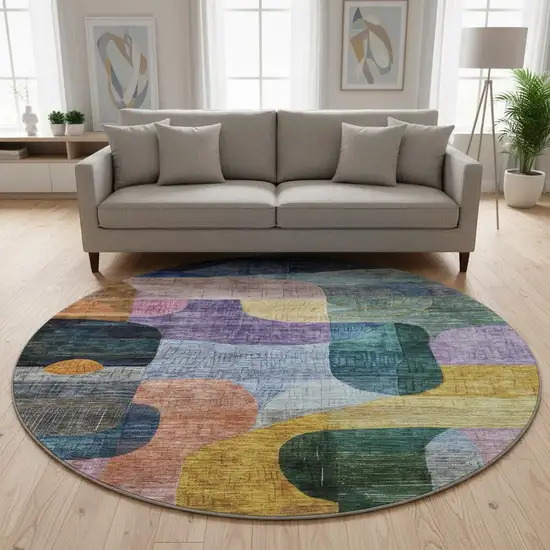 8' Blue Orange Pink And Purple Abstract Geometric Washable Round Rug With UV Protection Photo 2