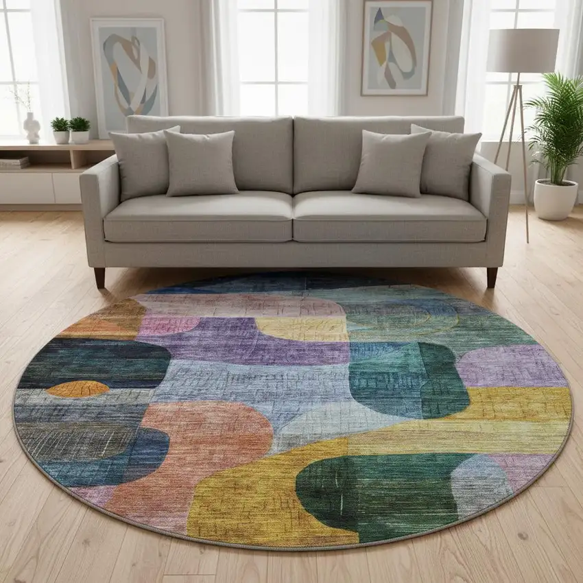 8' Blue Orange Pink And Purple Abstract Geometric Washable Round Rug With UV Protection Photo 2