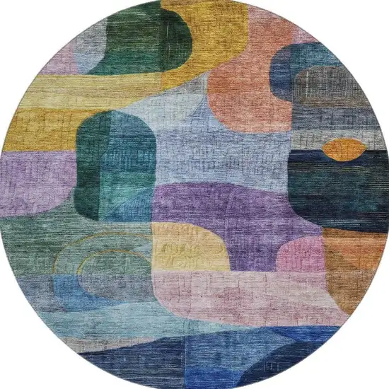 8' Blue Orange Pink And Purple Abstract Geometric Washable Round Rug With UV Protection Photo 2