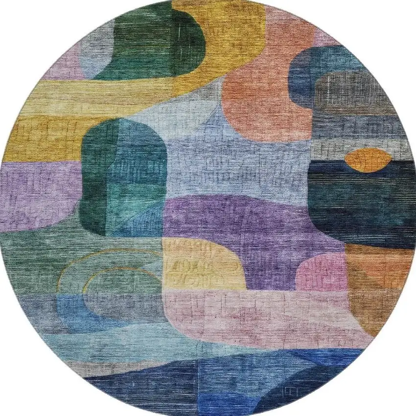 8' Blue Orange Pink And Purple Abstract Geometric Washable Round Rug With UV Protection Photo 2