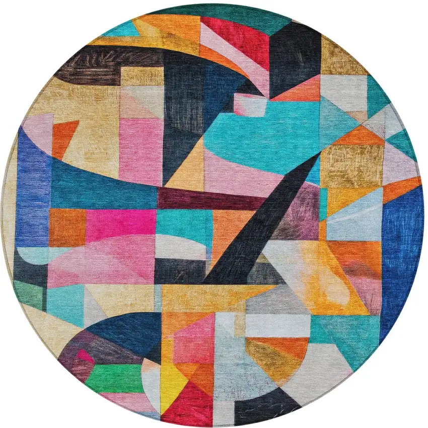 8' Blue Orange Pink And Yellow Round Abstract Washable Indoor Outdoor Area Rug Photo 3