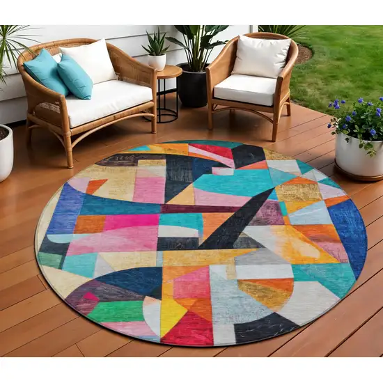 8' Blue Orange Pink And Yellow Round Abstract Washable Indoor Outdoor Area Rug Photo 2