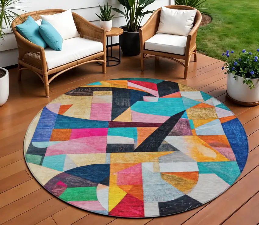 8' Blue Orange Pink And Yellow Round Abstract Washable Indoor Outdoor Area Rug Photo 2