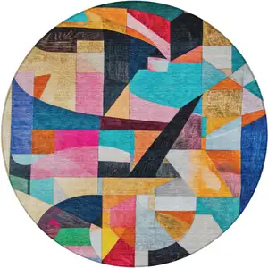 Photo of 8' Blue Orange Pink And Yellow Round Abstract Washable Indoor Outdoor Area Rug