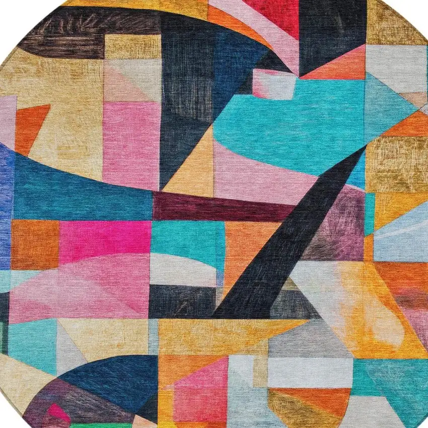 8' Blue Orange Pink And Yellow Round Abstract Washable Indoor Outdoor Area Rug Photo 4