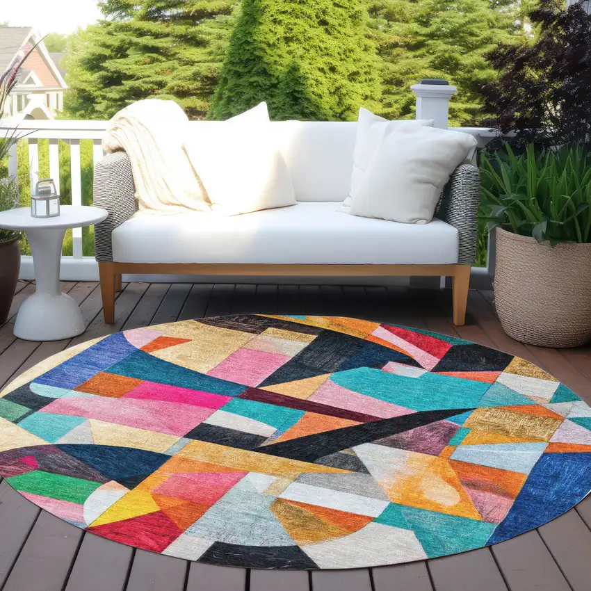 8' Blue Orange Pink And Yellow Round Abstract Washable Indoor Outdoor Area Rug Photo 6