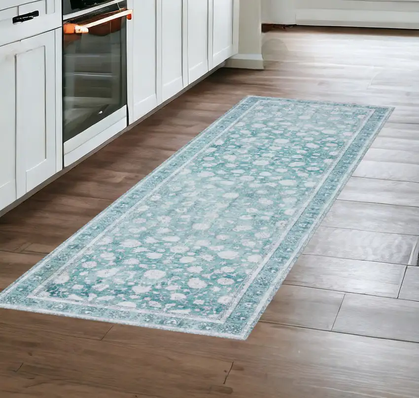 8' Blue Oriental Distressed Non Skid Runner Rug Photo 1