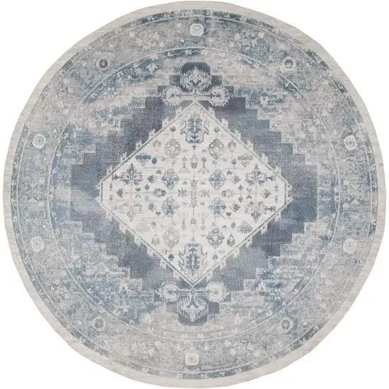 8' Blue Oriental Distressed Round Rug Photo 2