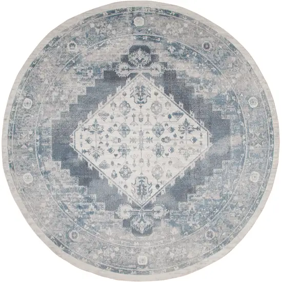 8' Blue Oriental Distressed Round Rug Photo 4