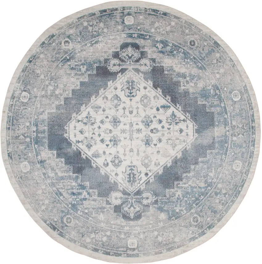 8' Blue Oriental Distressed Round Rug Photo 4