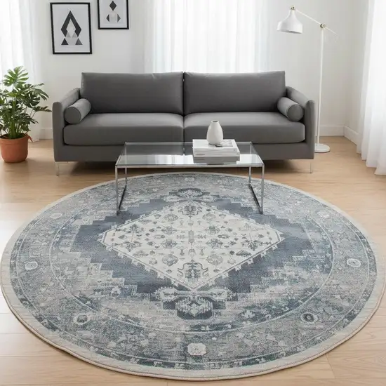 8' Blue Oriental Distressed Round Rug Photo 1