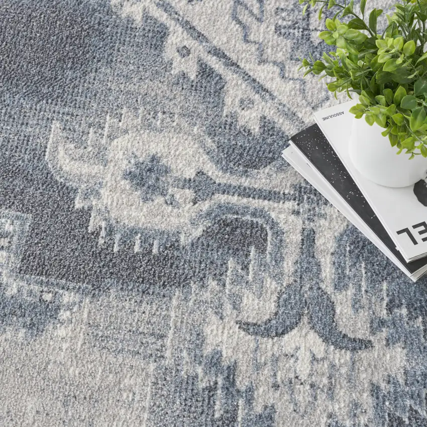 8' Blue Oriental Distressed Round Rug Photo 8