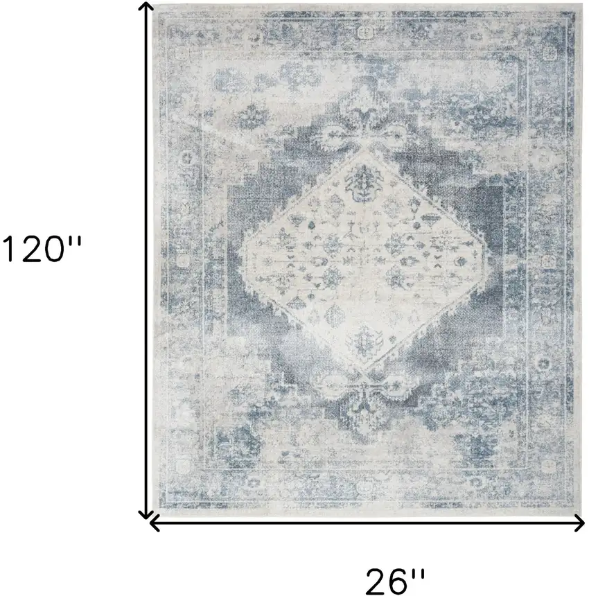 10' Blue Oriental Power Loom Distressed Washable Runner Rug Photo 6