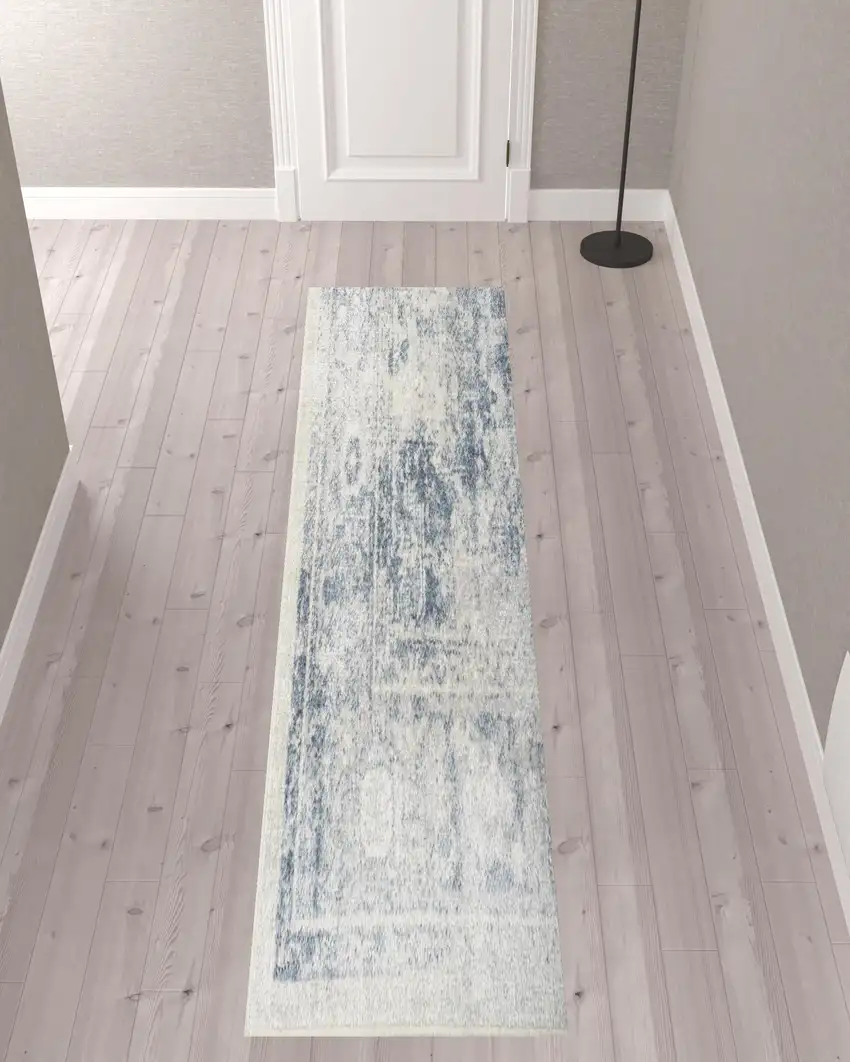 10' Blue Oriental Power Loom Distressed Washable Runner Rug Photo 2