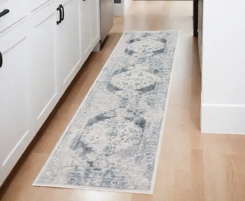 8' Blue Oriental Power Loom Distressed Washable Runner Rug Photo 2