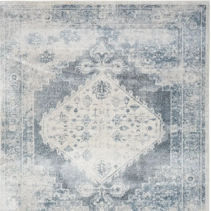 12' Blue Oriental Power Loom Distressed Washable Runner Rug Photo 6