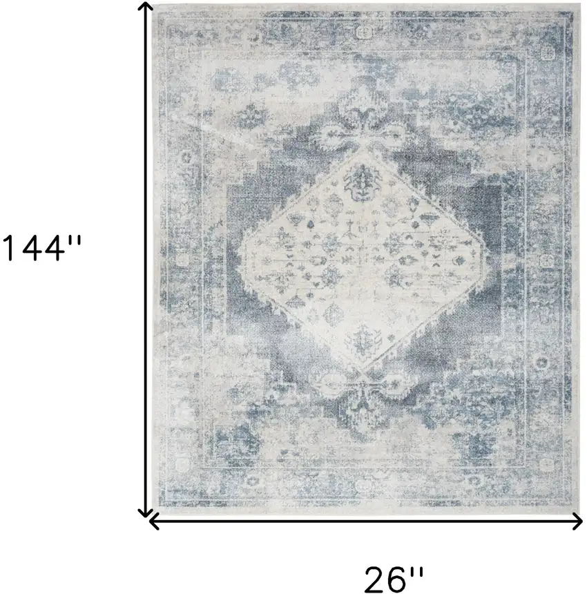12' Blue Oriental Power Loom Distressed Washable Runner Rug Photo 6