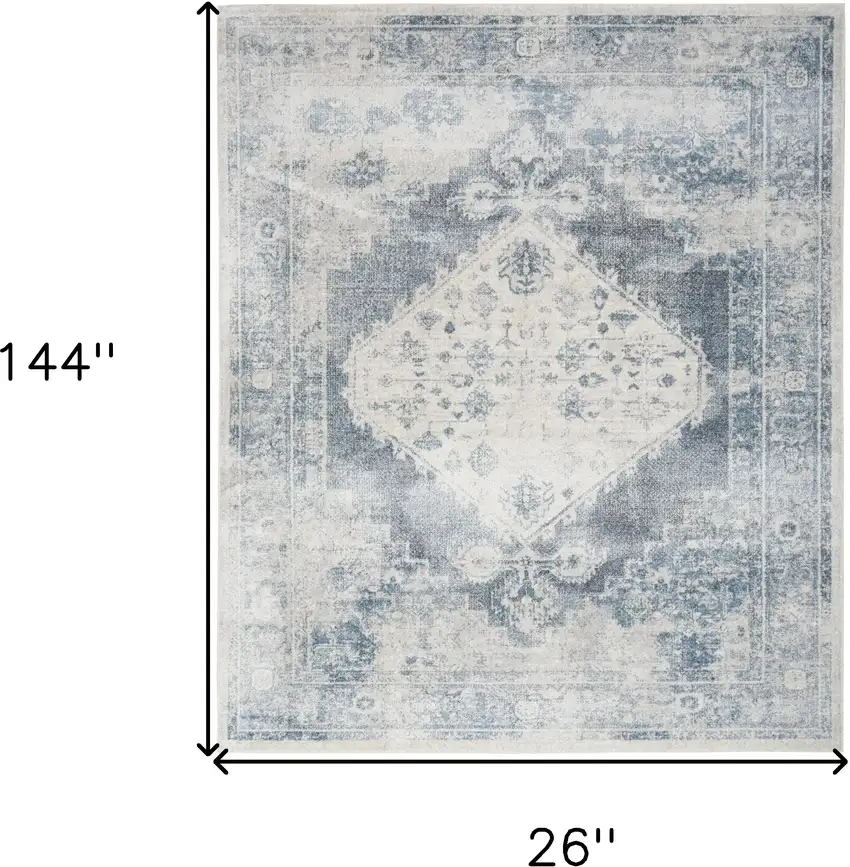 12' Blue Oriental Power Loom Distressed Washable Runner Rug Photo 6