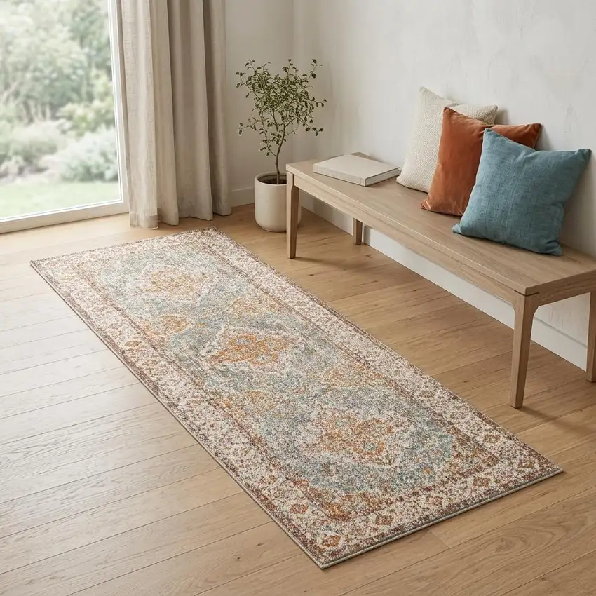 7' Orange Light Blue And Beige Oriental Runner Rug Photo 1