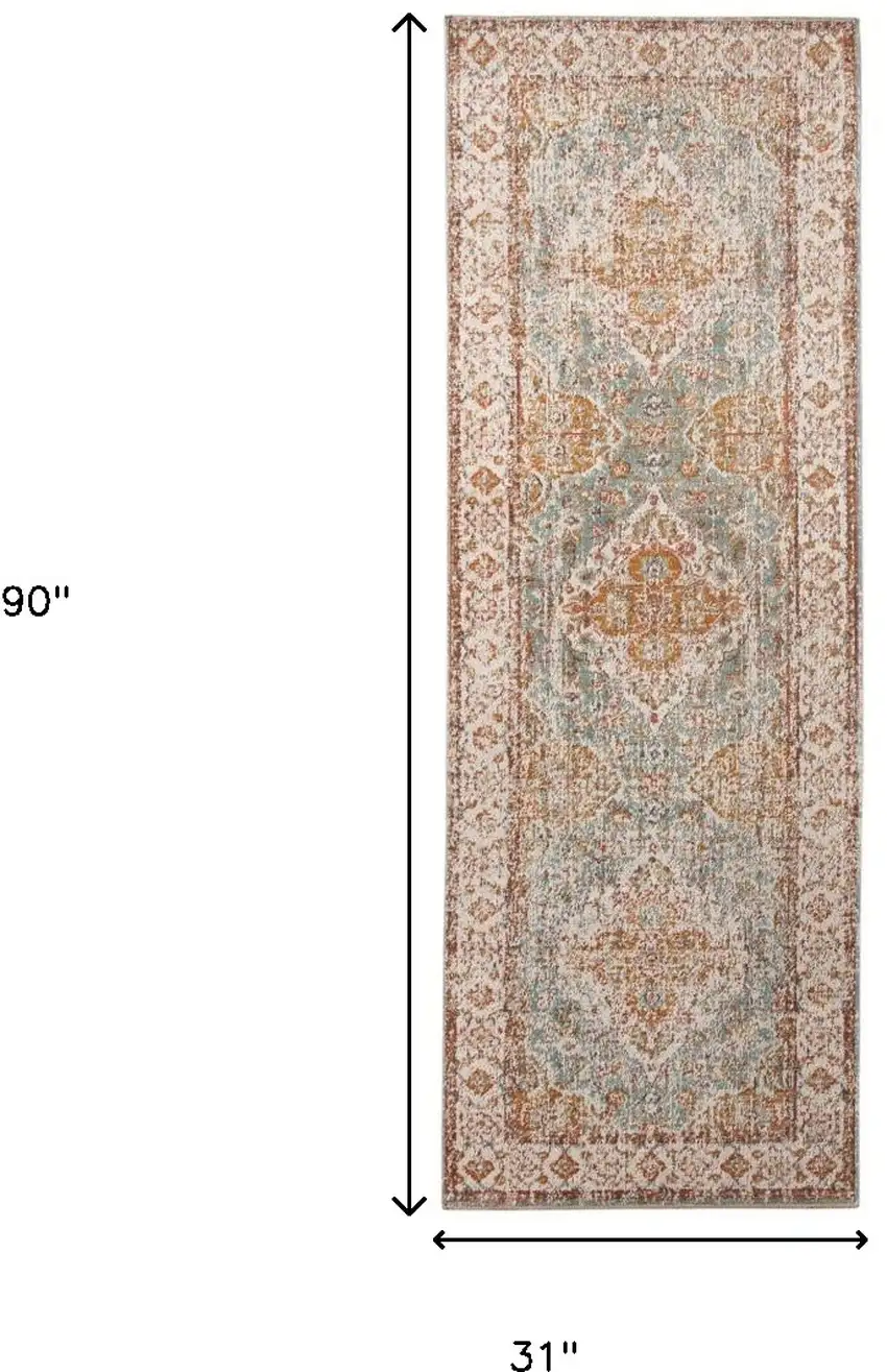 7' Blue Oriental Power Loom Runner Rug With Fringe Photo 8